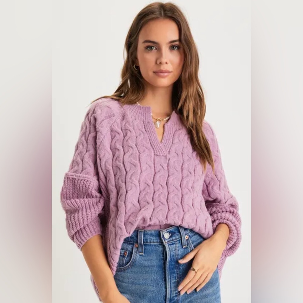 Lulu's Lavender Cable Knit V-Neck Sweater M Medium